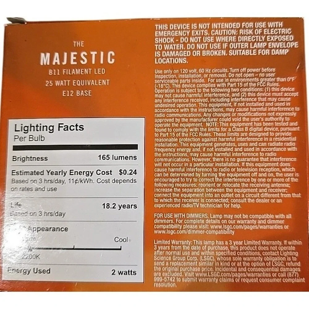Lighting Science brand The‎ Majestic Amber B11 Filament LED Pack of 3